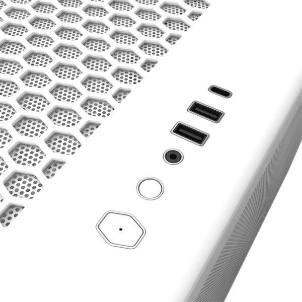 Hava filtreli bilgisayar kasası yüzeyi, yüksek hava akışı sağlayan hexagon delikli tasarımı ve USB portlarıyla modern ve fonksiyonel tasarım.