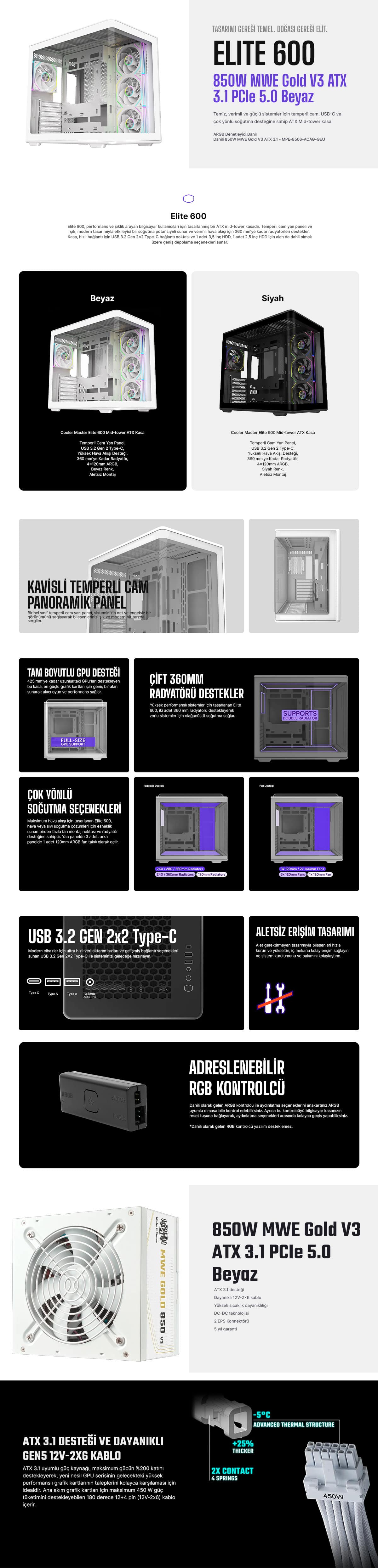 Cooler Master Elite 600 Beyaz Gaming Kasa H1