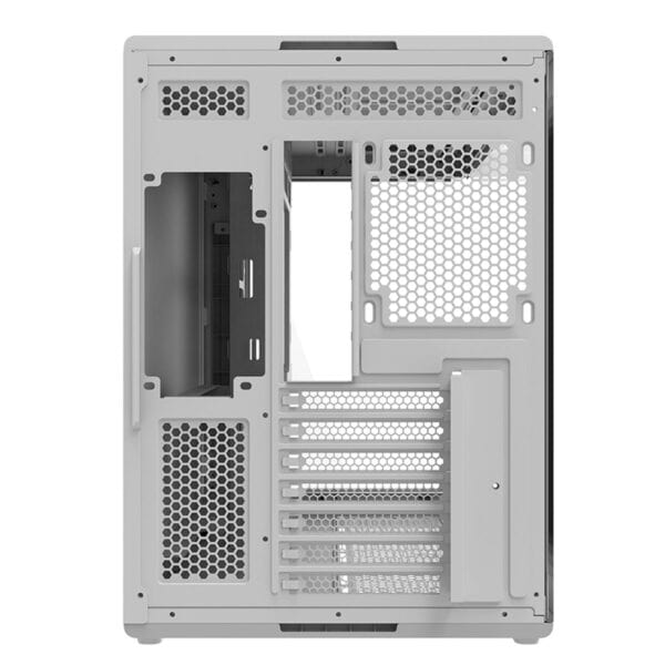 Şeffaf ve modern beyaz bilgisayar kasası, iyi havalandırma sağlayan hava delikleri ve geniş iç alanıyla yüksek performanslı oyun ve çalışma bilgisayarları için ideal.