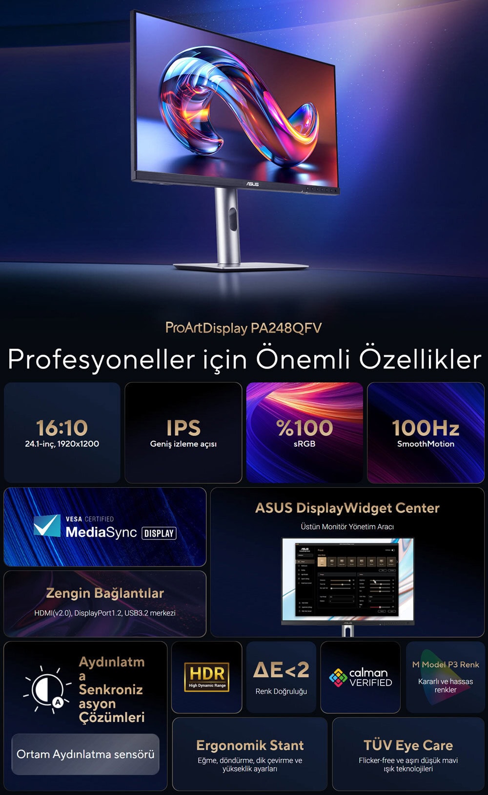 ASUS ProArt PA248QFV 24.1 inç 100Hz 5ms WUXGA Adaptive Sync IPS Pivot Monitör h3