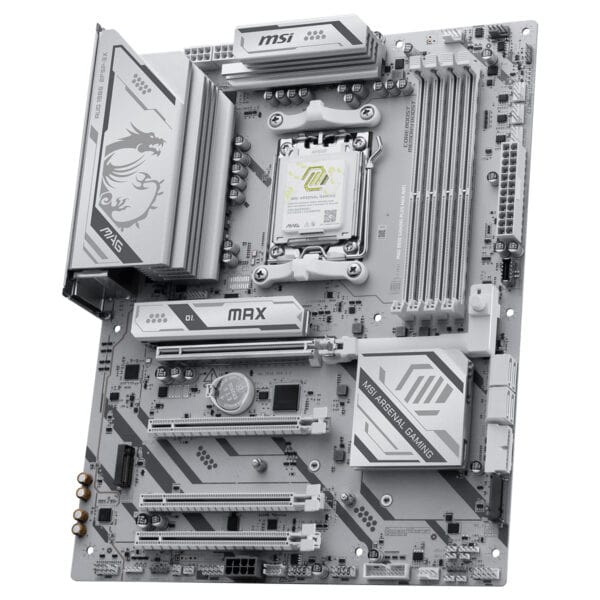 MSI MAG B850 GAMING PLUS MAX anakart, DDR5 RAM, AM5 soket, M.2 slotları ve Wi-Fi 6 desteği ile yüksek performanslı oyun ve işlemci kurulumları için ideal.