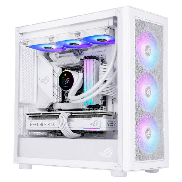 Yüksek performanslı gaming bilgisayar iç tasarımı, RGB aydınlatmalı fanlar, su soğutucu ve gelişmiş soğutma sistemleriyle donatılmış.