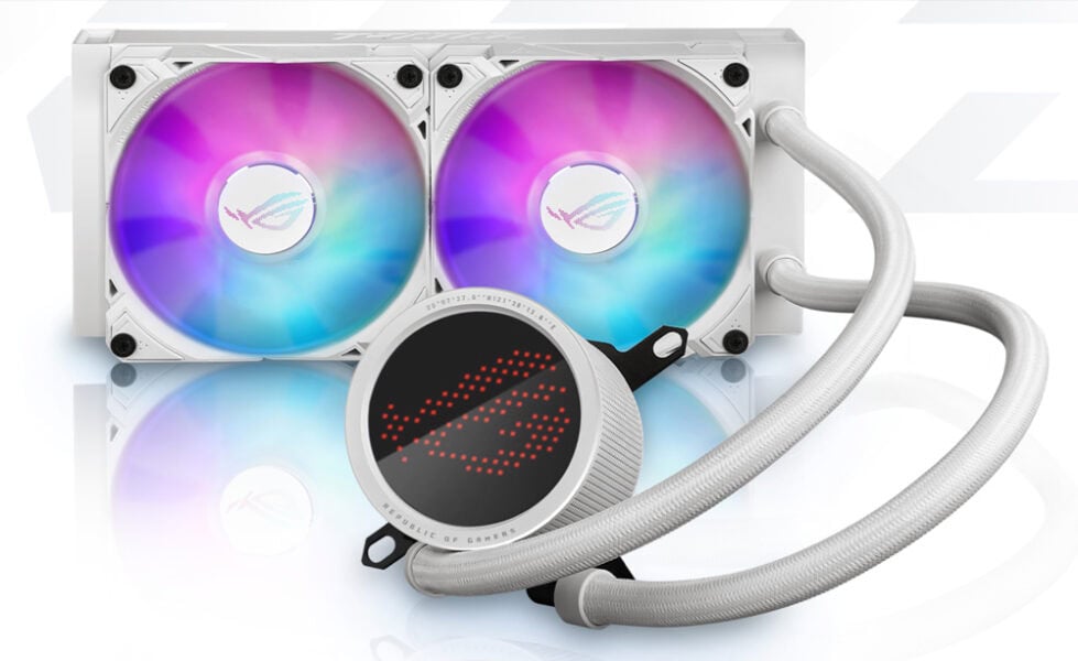 ASUS ROG STRIX LC II 240 ARGB 240mm İşlemci Sıvı Soğutucu, beyaz renkli ve Intel-AMD uyumlu, RGB aydınlatmalı yüksek performanslı sıvı soğutma sistemi.
