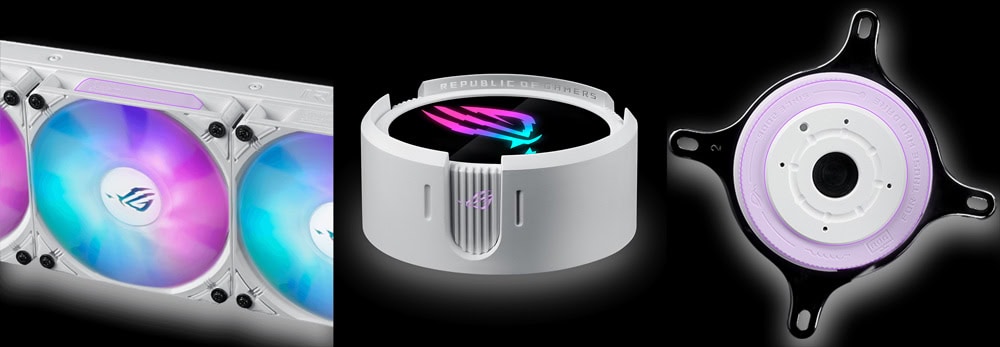 ASUS ROG STRIX LC III 240 ARGB beyaz renkli, 240mm radyanslı sıvı soğutucu, Aura Sync RGB aydınlatma ve Intel-AMD uyumlu, yüksek performanslı işlemci soğutma çözümü.