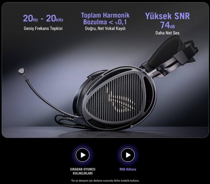 ASUS ROG Kithara 100mm HIFIMAN düzlemsel manyetik sürücü ile PS5 uyumlu yüksek kaliteli gaming kulaklık. Geniş frekans tepkisi ve yüksek SNR ile üstün ses deneyimi sağlar.