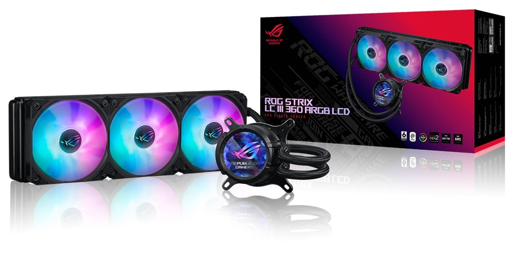 ASUS ROG Strix LC III 360 ARGB 360mm İşlemci Sıvı Soğutucu, Intel ve AMD uyumlu, RGB aydınlatmalı yüksek performanslı sıvı soğutma sistemi.