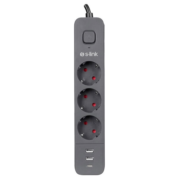 S-link SPG03U 3'lü priz ve USB şarj cihazı, 1.5m kablo, 3x1.00mm bakır iletken, 750 Joule koruma, akım korumalı, Type C ve USB portlarıyla pratik kullanım sağlar.