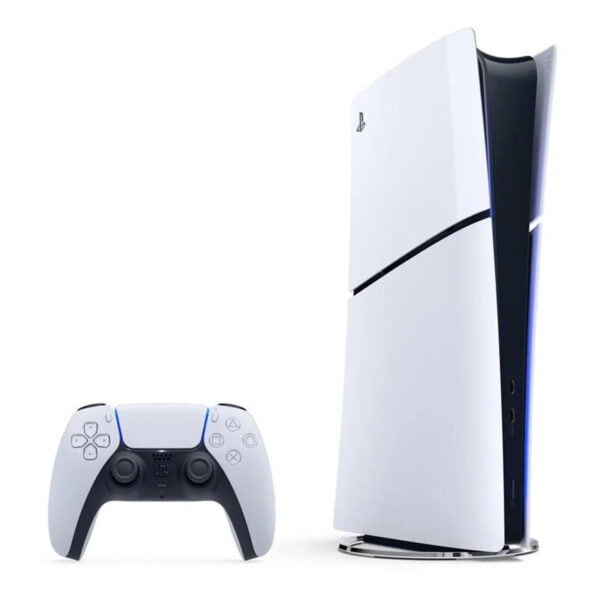 Beyaz PlayStation 5 Slim Dijital Edition oyun konsolu ve kontrolcü, yüksek performans ve şık tasarım ile en yeni oyun deneyimini sunar.
