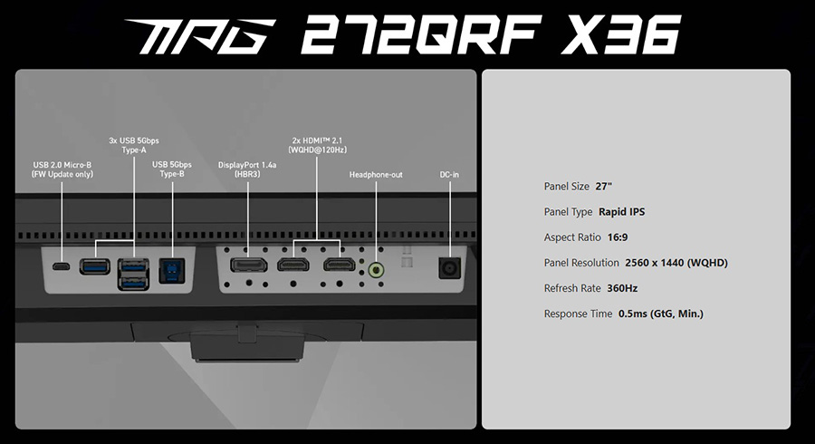 MSI MPG 272QRF X36 27 inç 360Hz 0.5ms 2K WQHD G-Sync Pulsar Rapid IPS Pivot Gaming Monitör h16