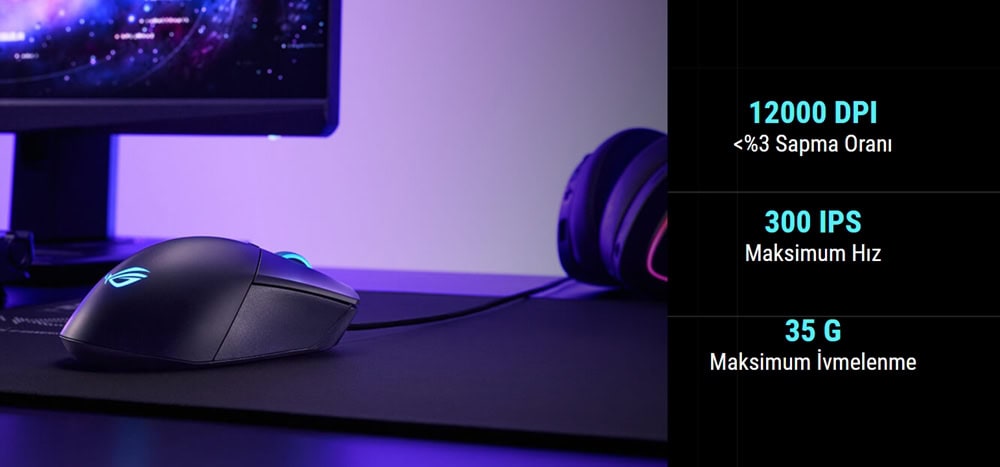 ASUS ROG GLADIUS III Core RGB kablolu oyun faresi, 12000 DPI hassasiyet, 300 IPS hız ve 35 G ivmelenme özellikleriyle profesyonel oyun deneyimi sağlar.