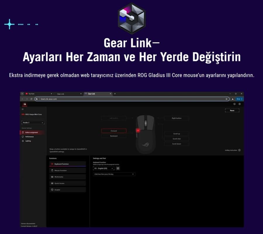 ASUS ROG GLADIUS III Core RGB kablolu oyun faresi, yüksek performans ve özelleştirilebilir RGB aydınlatma ile profesyonel oyuncular için ideal.