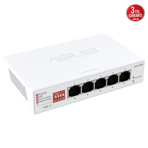ASUS QG-U1050 5 port 2.5 Gigabit yönetilemez anahtar, yüksek hız ve güvenilir bağlantı sağlar. Ofis ve ev kullanımı için ideal, kolay kurulum ve dayanıklı tasarımıyla ağ performansını artırır.