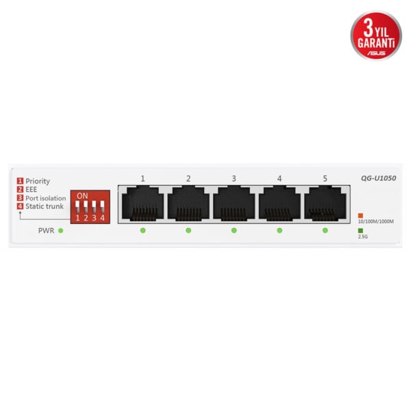 ASUS QG-U1050 5 port 2.5 Gigabit yönetilemez switch, yüksek hız ve güvenilir bağlantı sağlar. Ağ altyapınızı güçlendirmek ve veri transferini hızlandırmak için ideal çözüm.