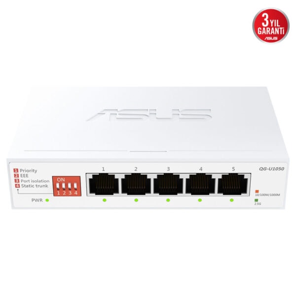 ASUS QG-U1050 5 port 2.5 Gigabit yönetilemez anahtar, yüksek hızlı ve güvenilir ağ bağlantısı sağlar. Ofis ve ev kullanımı için ideal, kolay kurulum ve düşük gecikme süresi ile performans sunar.