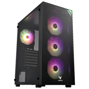 Vento gaming kasa, ön panelde üç adet RGB aydınlatmalı fan ve şeffaf yan panel ile modern tasarım.