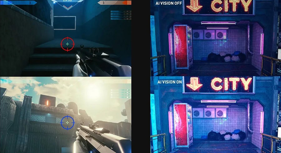 Yüksek çözünürlüklü MSI MAG 271QP QD-OLED oyun monitörü ve farklı FPS oyun görüntüleri. 26.5 inç, 280Hz yenileme hızı, 0.03ms tepki süresi, 2K WQHD çözünürlük ve adaptif senkronizasyon özellikleriyle.