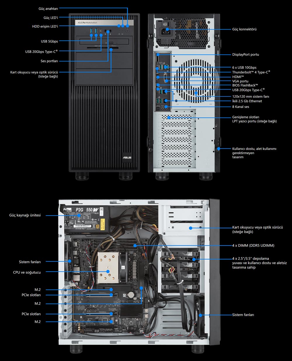 ASUS ExpertCenter Pro ET500I W8U9RTX5000D Intel Core Ultra 9-285K NVIDIA RTX PRO 5000 Blackwell 48GB GDDR7 128GB DDR5 4TB M.2 SSD FreeDos Masaüstü İş İstasyonu h12