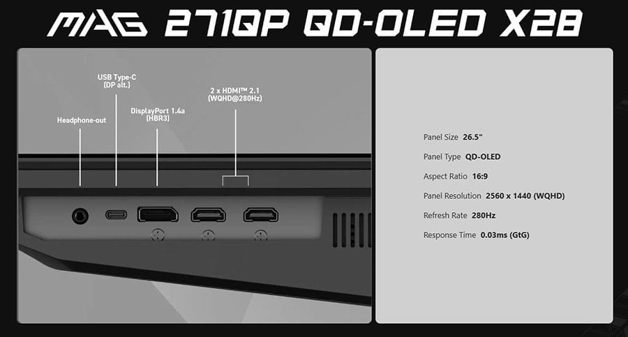 MSI MAG 271QP QD-OLED 26.5 inç oyun monitörü, 280Hz yenileme hızı ve 0.03ms tepki süresi ile yüksek performans sağlar. 2K WQHD çözünürlük ve Adaptive Sync teknolojisi ile akıcı oyun deneyimi sunar.