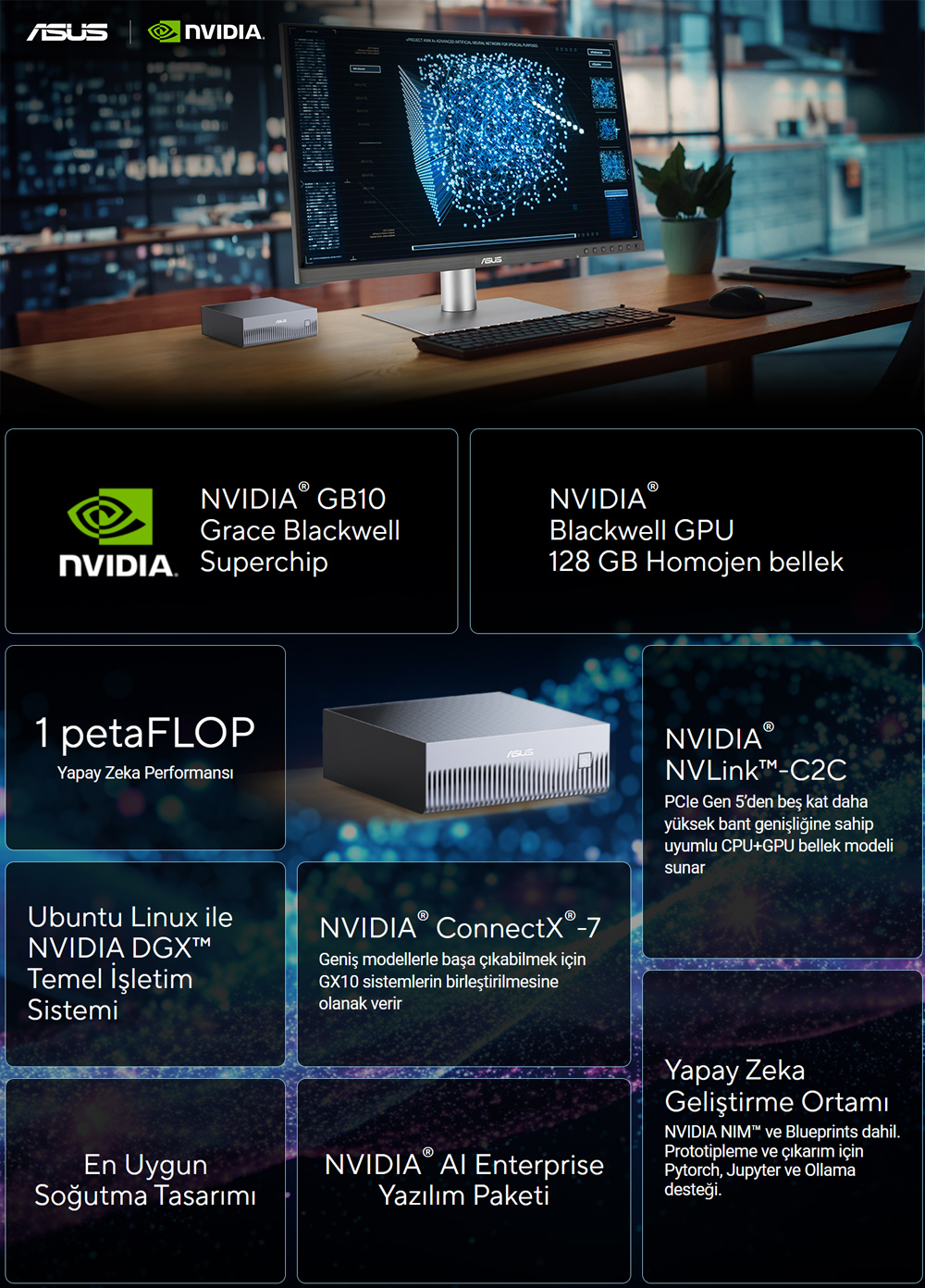 ASUS Ascent GX10-GG0027BN Nvidia GB10 CPU Blackwell GPU 128GB LPDDR5x 4TB SSD Yapay Zeka Süper Bilgisayar h2