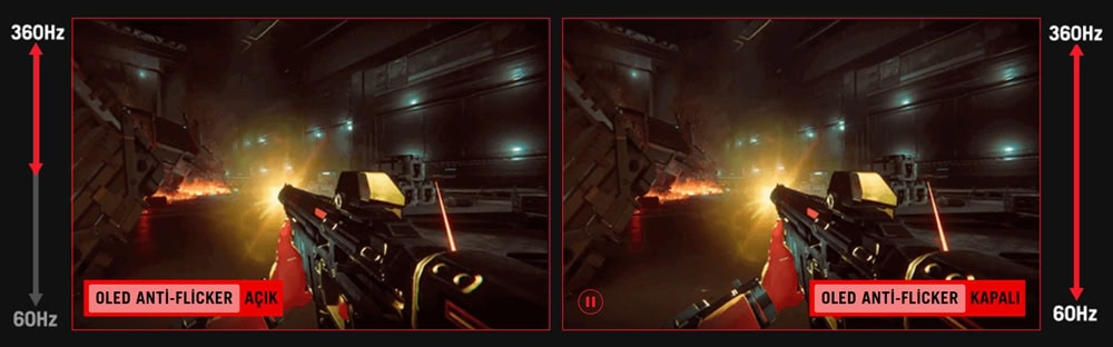 OLED Anti-Flicker açık ve kapalı karşılaştırması, yüksek yenileme hızı ve düşük gecikme süresi ile oyun deneyimini optimize eden 34 inç UWQHD kavisli gaming monitör.