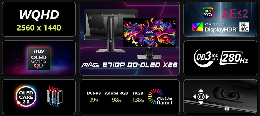 MSI MAG 271QP QD-OLED 26.5 inç oyun monitörü, 280Hz yenileme hızı ve 0.03ms tepki süresi ile yüksek performans sağlar. 2K WQHD çözünürlük ve Adaptive Sync teknolojisi ile akıcı oyun deneyimi sunar.