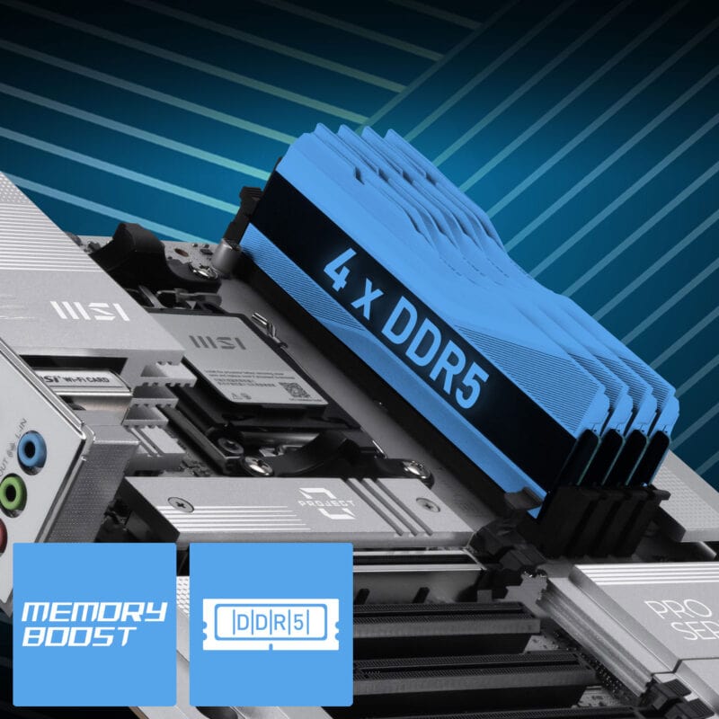 MSI PRO B850M-A WIFI anakart ve DDR5 RAM modülleri ile yüksek performanslı anakart. AM5 soketli, M.2 ve HDMI çıkışlı, oyun ve profesyonel kullanım için ideal.