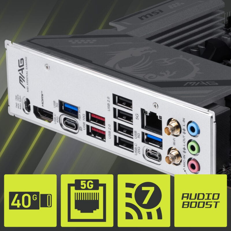 MSI MAG X870E GAMING MAX WIFI anakartın arka paneli, çeşitli bağlantı portları ve özellikleriyle yüksek performans ve geniş bağlantı seçenekleri sunar.