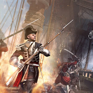 Assassin's Creed Black Flag Resynced oyununda korsanlar ve askerler arasında yoğun deniz savaşları ve korsan dövüşleri.