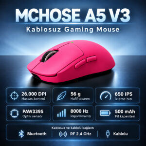 Mchose A5 V3 Berry Red 8k Hz Kablosuz Gaming Mouse (hw A5v3 1) 2