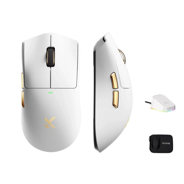 MCHOSE K7 Ultra Beyaz Altın kablosuz gaming mouse, 8K Hz hızlı tepki ve şık tasarımıyla oyun performansını artırır.