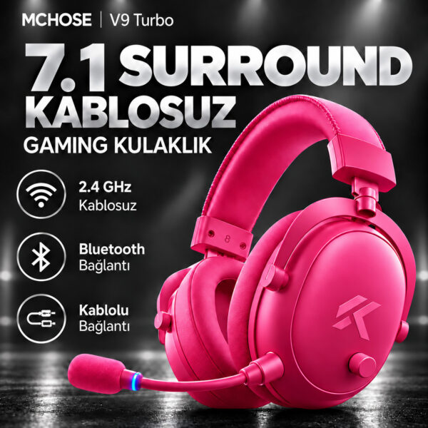 MCHOSE V9 Turbo+ Berry Red 7.1 Surround Kablosuz Gaming Kulaklık (HW-V9-12) - Görsel 2
