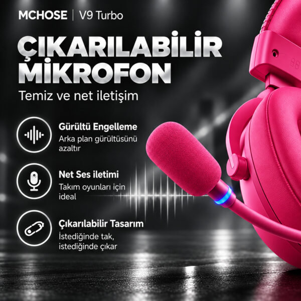 MCHOSE V9 Turbo+ Berry Red 7.1 Surround Kablosuz Gaming Kulaklık (HW-V9-12) - Görsel 3