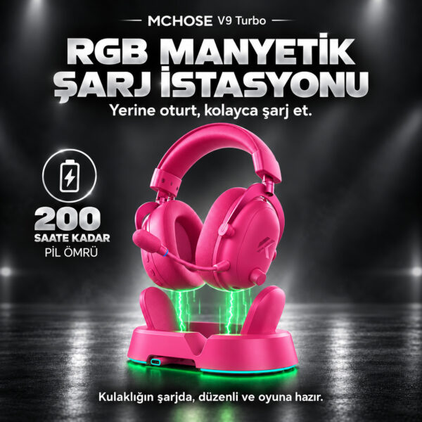 MCHOSE V9 Turbo+ Berry Red 7.1 Surround Kablosuz Gaming Kulaklık (HW-V9-12) - Görsel 4