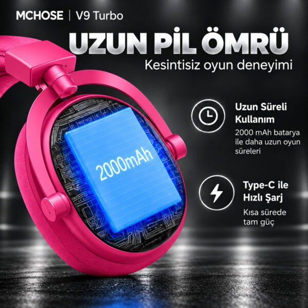 MCHOSE V9 Turbo+ Berry Red 7.1 Surround Kablosuz Gaming Kulaklık (HW-V9-12) - Görsel 5