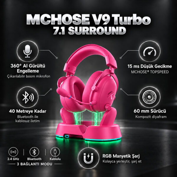 MCHOSE V9 Turbo+ Berry Red 7.1 Surround Kablosuz Gaming Kulaklık (HW-V9-12) - Görsel 6