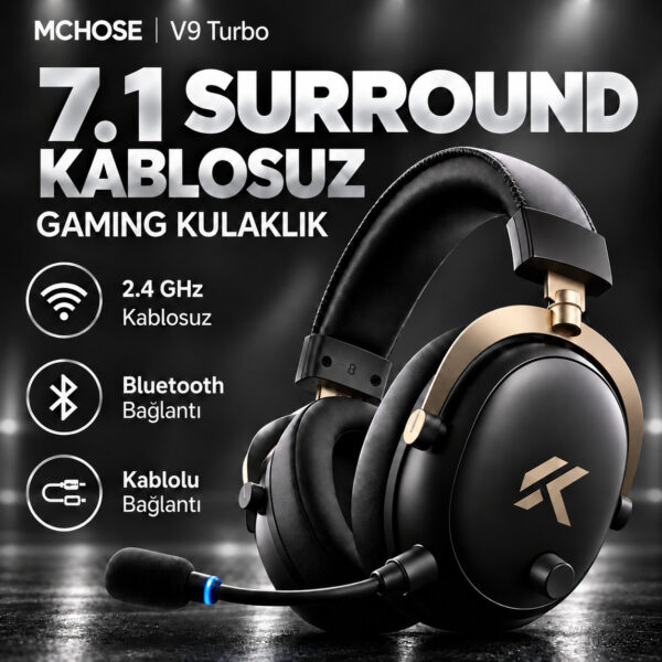 MCHOSE V9 Turbo+ Black Gold 7.1 Surround Kablosuz Gaming Kulaklık (HW-V9-10) - Görsel 2
