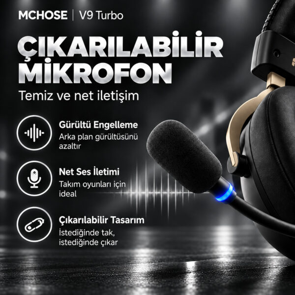 MCHOSE V9 Turbo+ Black Gold 7.1 Surround Kablosuz Gaming Kulaklık (HW-V9-10) - Görsel 3