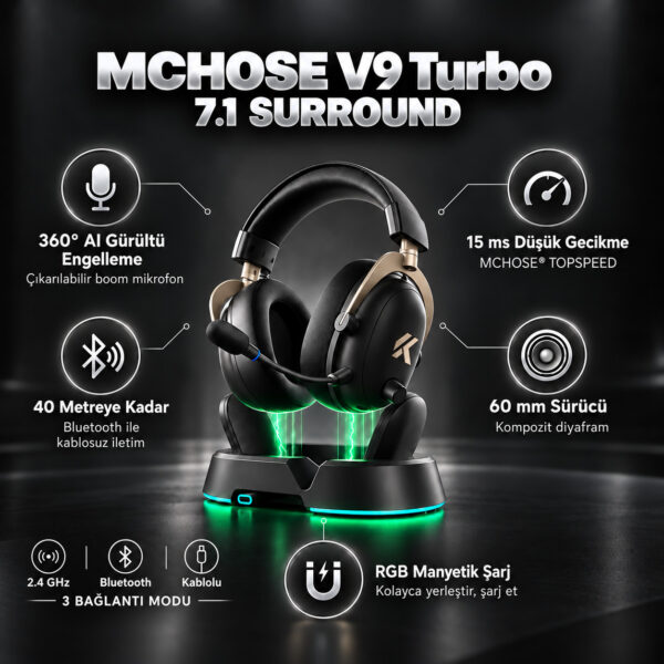 MCHOSE V9 Turbo+ Black Gold 7.1 Surround Kablosuz Gaming Kulaklık (HW-V9-10) - Görsel 4