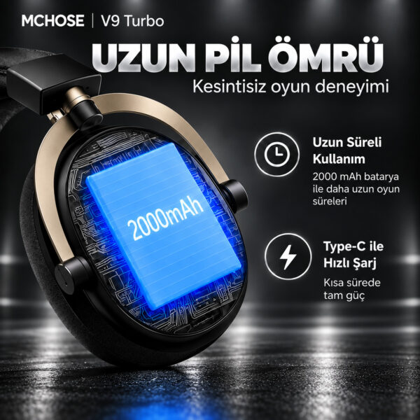 MCHOSE V9 Turbo+ Black Gold 7.1 Surround Kablosuz Gaming Kulaklık (HW-V9-10) - Görsel 5