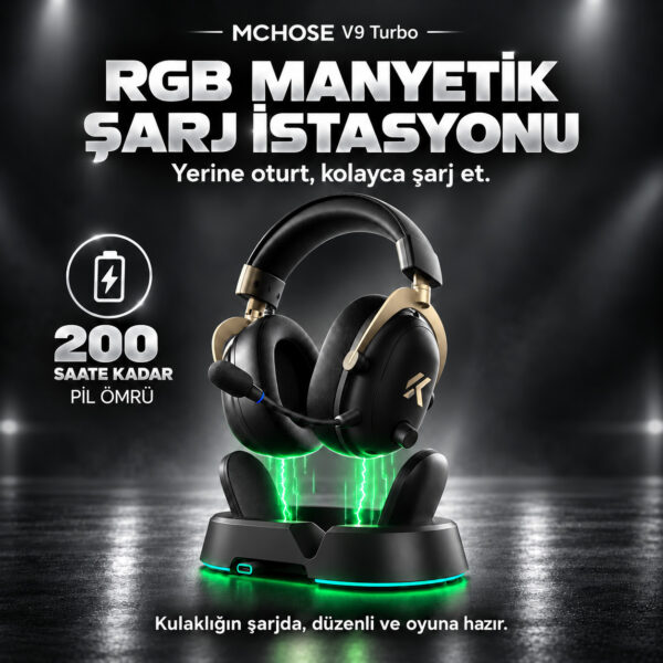 MCHOSE V9 Turbo+ Black Gold 7.1 Surround Kablosuz Gaming Kulaklık (HW-V9-10) - Görsel 6