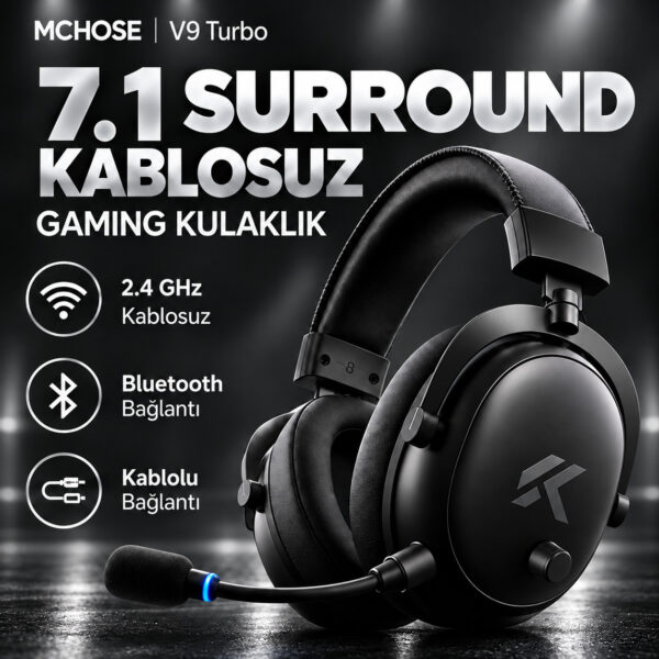 MCHOSE V9 Turbo+ Steel Black 7.1 Surround Kablosuz Gaming Kulaklık (HW-V9-14) - Görsel 2
