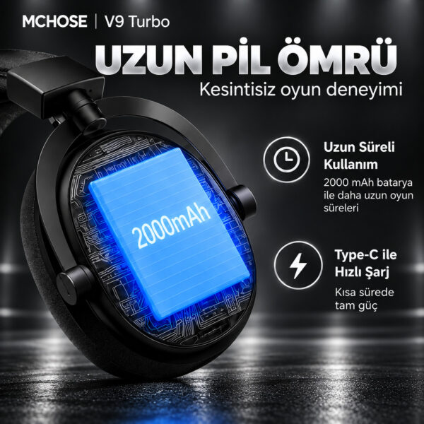MCHOSE V9 Turbo+ Steel Black 7.1 Surround Kablosuz Gaming Kulaklık (HW-V9-14) - Görsel 5