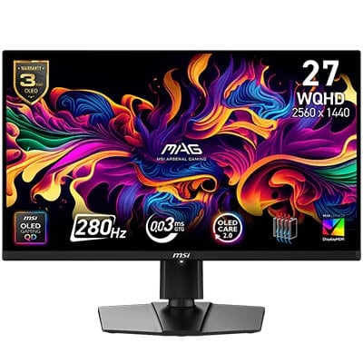 MSI MAG 271QP QD-OLED 27 inç oyun monitörü, 2560x1440 WQHD çözünürlük, 280Hz yenileme hızı, 0.03ms tepki süresi, QD-OLED ekran ve Adaptive Sync teknolojisi ile yüksek performans sağlar.