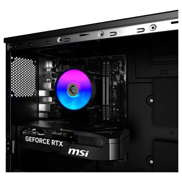 MSI MAG INFINITE S3 14NVL5-3276EU gaming masaüstü bilgisayar iç tasarımı, RGB aydınlatmalı CPU fanı ve GeForce RTX 5060 ekran kartı ile yüksek performans sağlar.