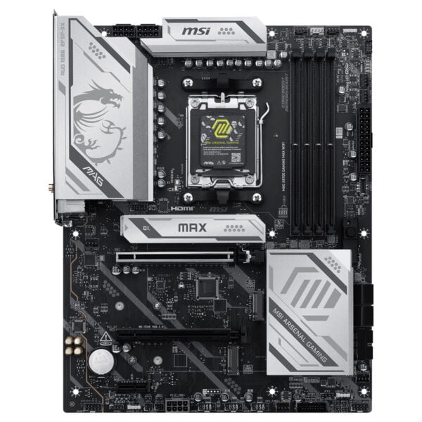 MSI MAG X870E GAMING MAX WIFI anakart, DDR5 RAM, AM5 soket, M.2 ve HDMI çıkışlı, yüksek performanslı oyun ve overclock özellikleriyle uyumlu ATX anakart.