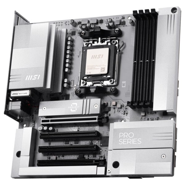 MSI PRO B850M-A WIFI PZ anakart, DDR5 8200MHz OC desteği, AM5 soketli, M.2 ve HDMI çıkışlı, mATX form faktöründe yüksek performanslı anakart.