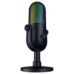 Razer Seiren V3 Chroma RGB süper kardioid kondansatör mikrofon, yayıncılar ve içerik üreticileri için yüksek kaliteli ses kaydı ve RGB aydınlatma özellikleriyle öne çıkar.