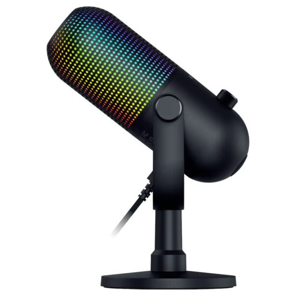 Razer Seiren V3 Chroma RGB süper kardioid kondansatör mikrofon, yayıncılar ve içerik üreticileri için yüksek kaliteli ses kaydı ve RGB aydınlatma özellikleriyle öne çıkar.