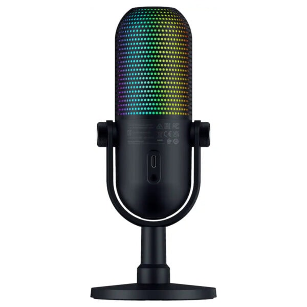 Razer Seiren V3 Chroma RGB Supercardioid Kondansatör Yayıncı Mikrofoni, RGB aydınlatmalı, yüksek kaliteli ses kaydı ve profesyonel yayınlar için ideal.