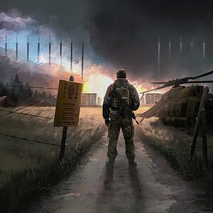 Bir asker, savaş alanında, helikopter ve patlamalarla çevrili, dramatik ve aksiyon dolu bir sahnede duruyor.